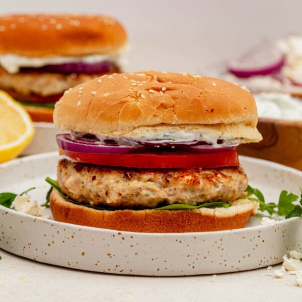 a chicken and feta burger with onion, tomato, and tzaziki on a plate.