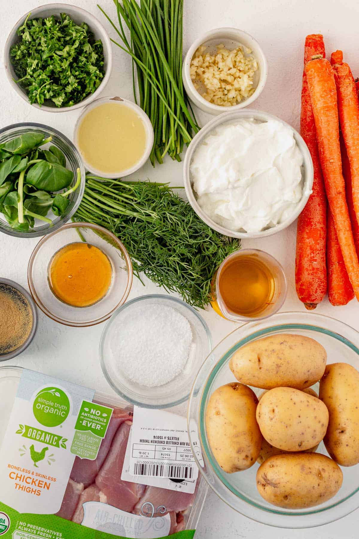 ingredients for green goddess chicken on a counter.