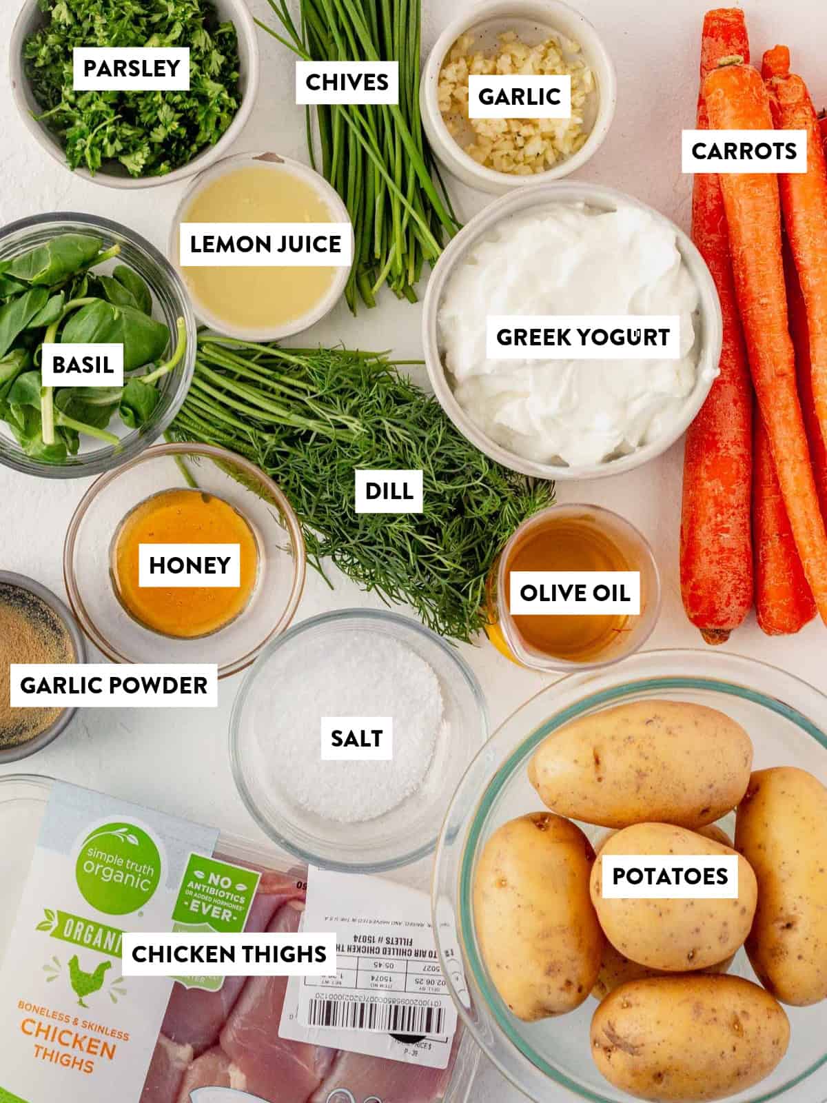 An overhead view of green goddess chicken ingredients, including chicken thighs, potatoes, carrots, Greek yogurt, herbs, and seasonings, each labeled with its name.