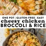 two images of cheesy chicken broccoli and rice.