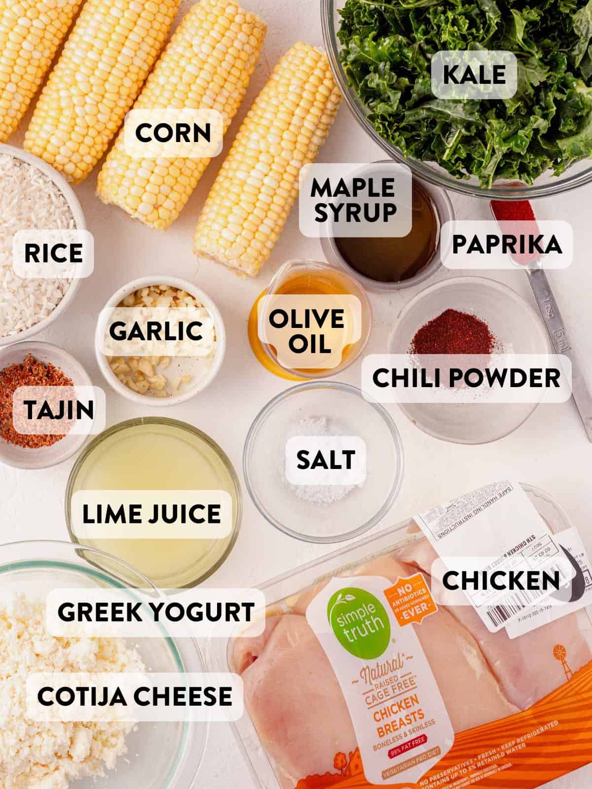 ingredients for mexican street corn bowls on a counter.