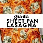 scooping sheet pan lasagna of the baking sheet and then sheet pan lasagna on a counter.