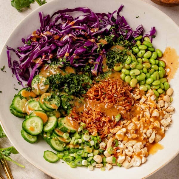 thai crispy rice salad in a serving bowl with tahini ginger dressing on top.