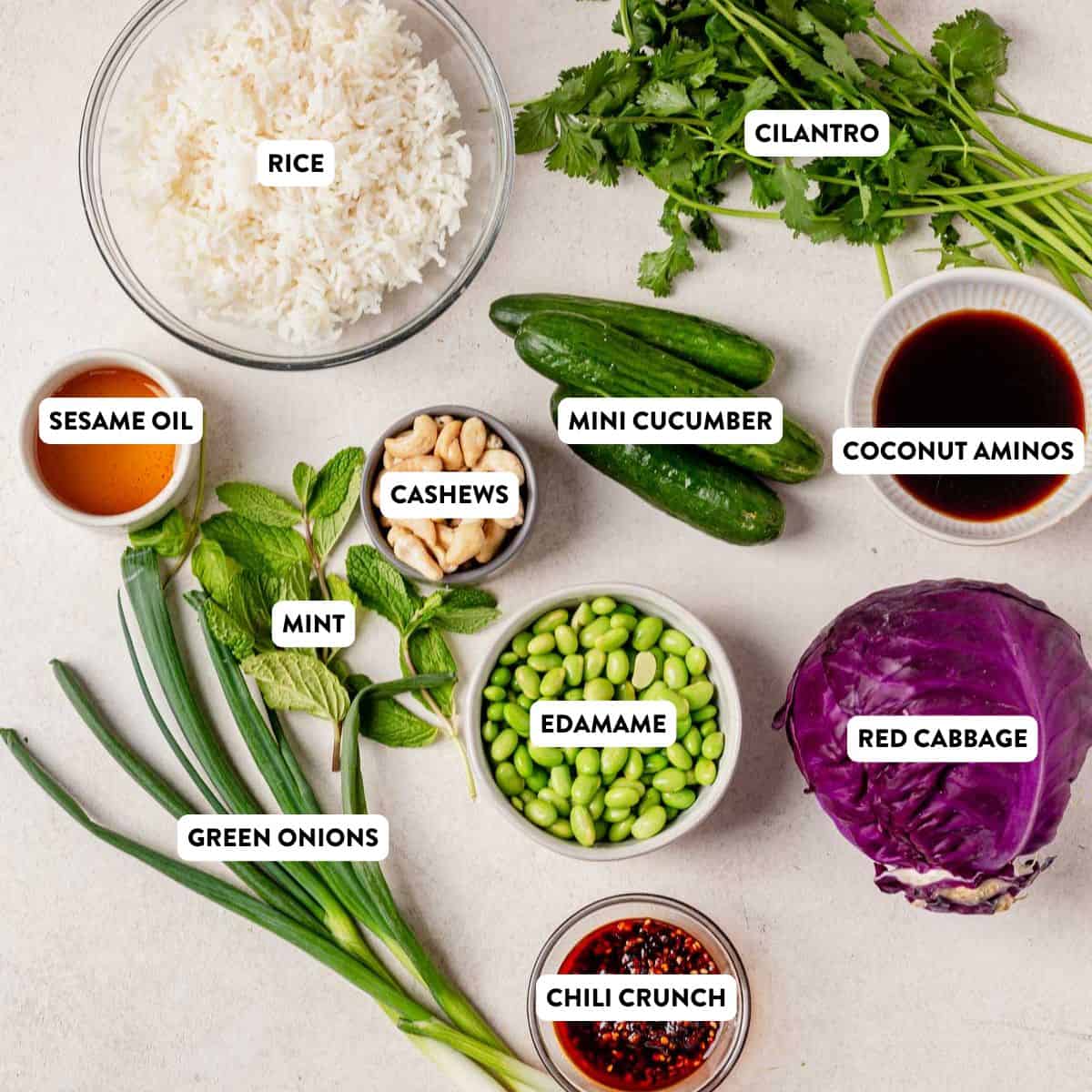 crispy rice salad ingredients on a counter.