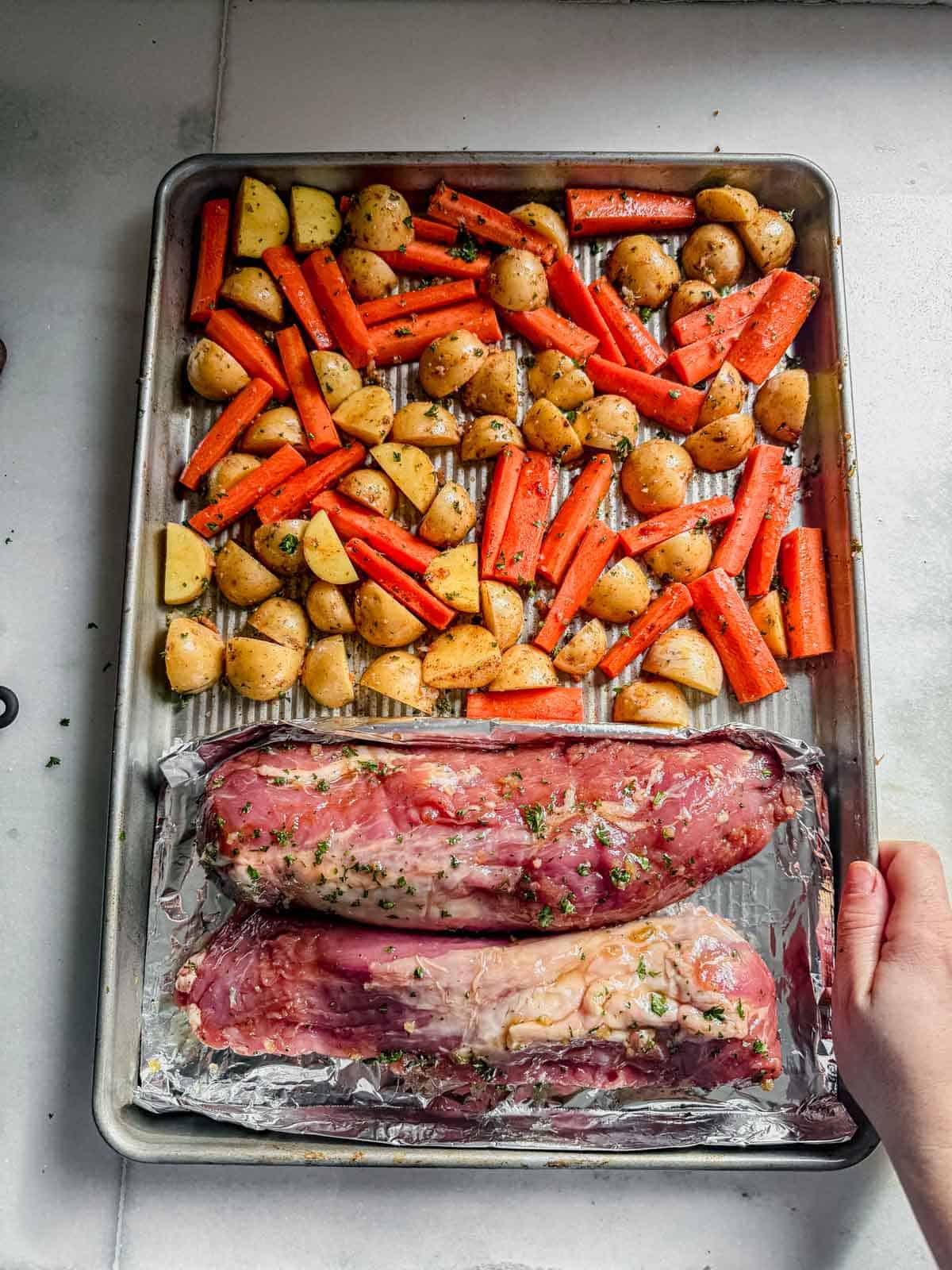 sheet pan pork tenderloin before baking.