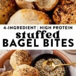 a stuffed bagel bite with cream cheese in the middle and then a serving bowl of stuffed bagel bites.