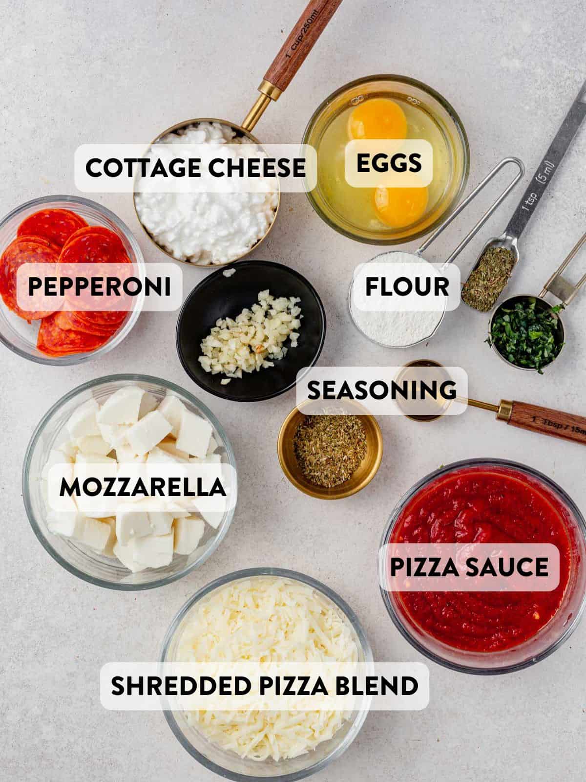 ingredients for cottage cheese pizza crust on a counter.