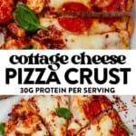 picking up a slice of cottage cheese pizza and then a pepperoni cottage cheese pizza crust pizza sliced on a counter.