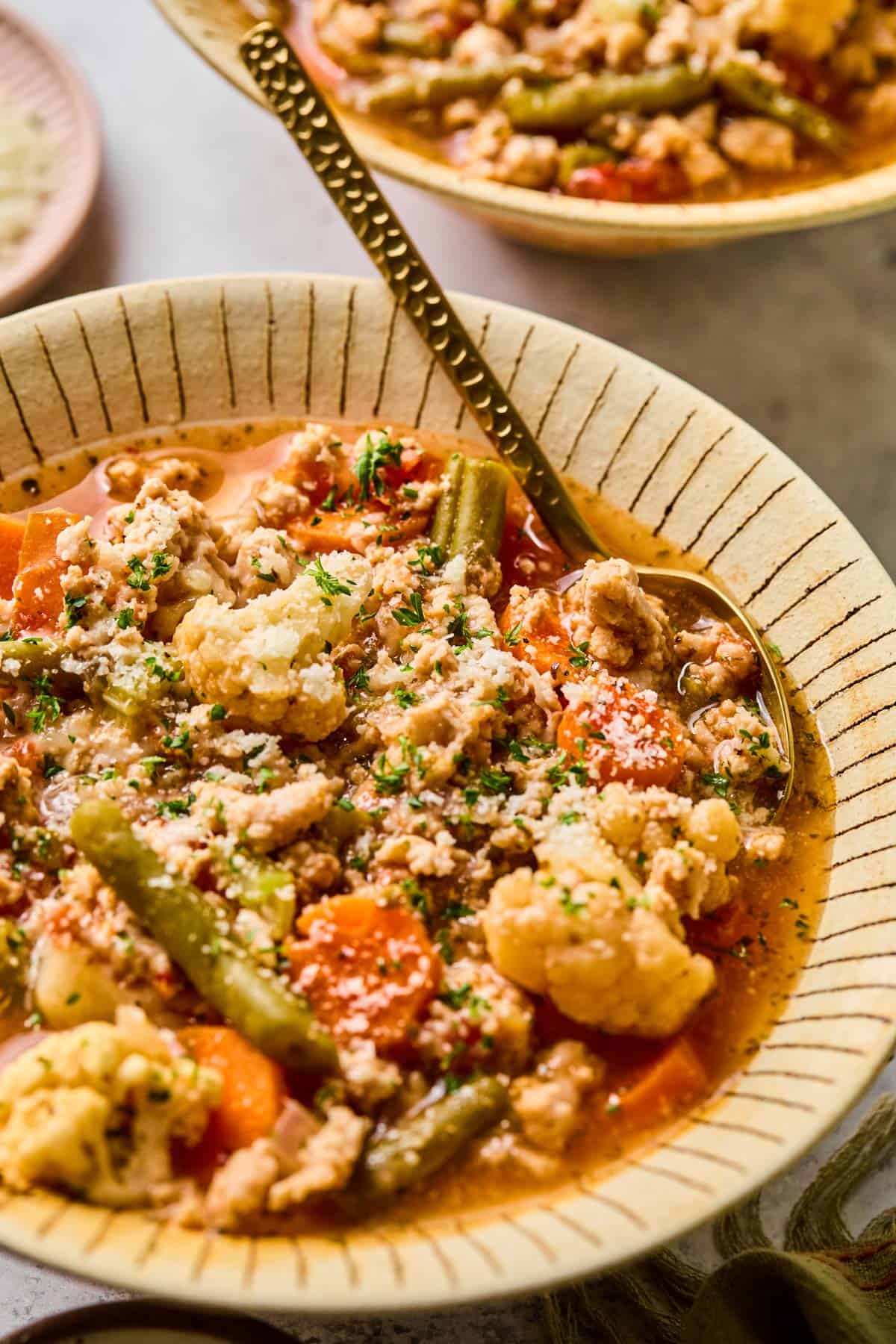 spoon in a bowl of ground turkey vegetable soup