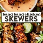 dipping bang bang chicken skewer into a bowl and then a tray of chicken skewers with a side of bang bang sauce.