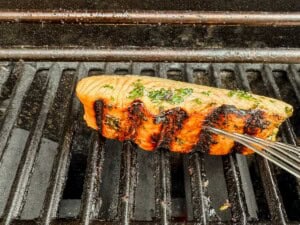 Salmon fillets on grill flesh-side down—step 2 of recipe.