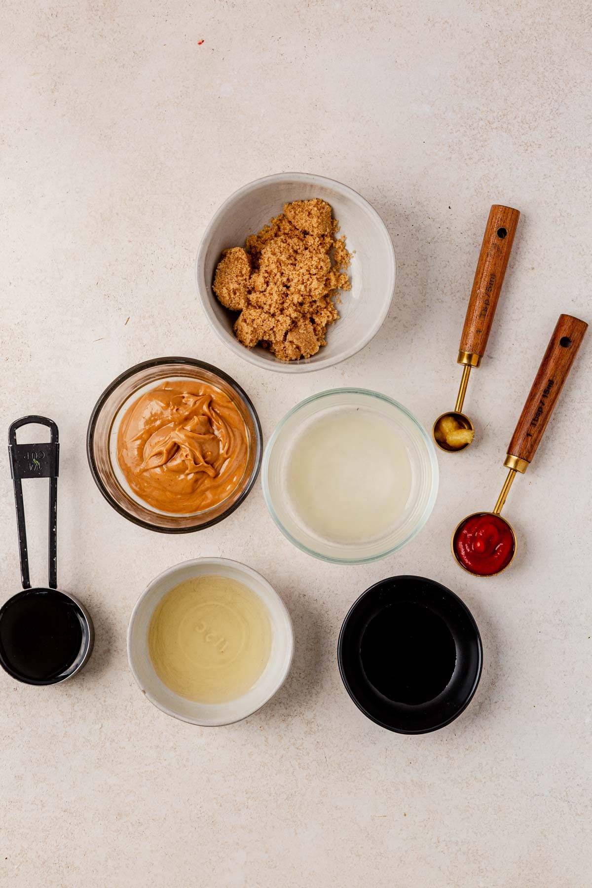 Pad thai sauce ingredients on a counter.