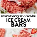 a bite taken out of a strawberry shortcake ice cream bar on a counter and then a tray of strawberry shortcake ice cream bars on a counter.