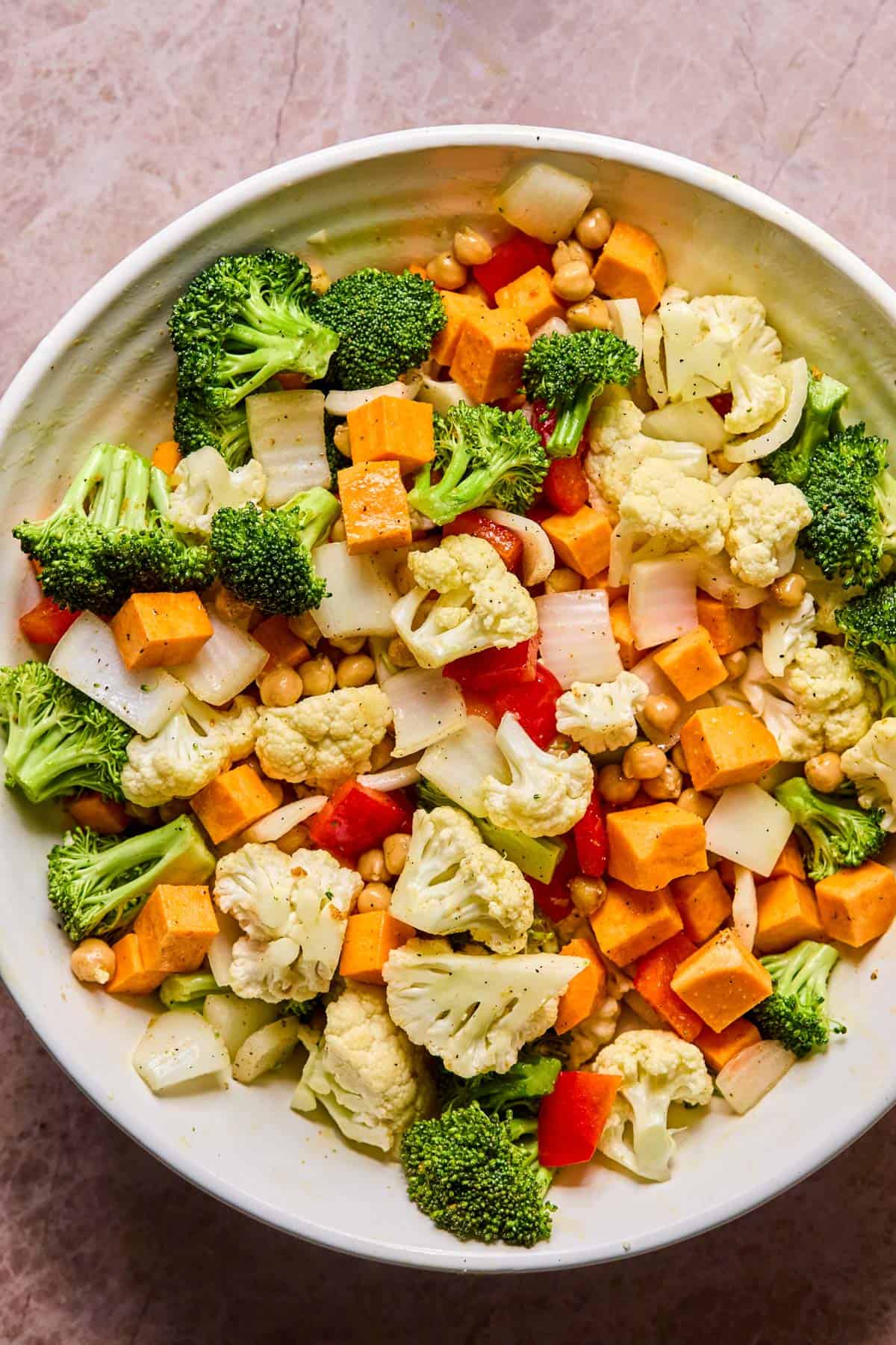 chopped vegetables mixed together in a bowl