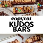 homemade kuds bars on parchment paper and then drizzling melted chocolate on top of kudos bars on a baking sheet.