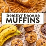 healthy banana muffin with a bite taken out of it and then a cooling rack of healthy banana muffins and bananas.