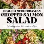 flaky salmon on top of a chopped greek salad with fresh herb dressing.