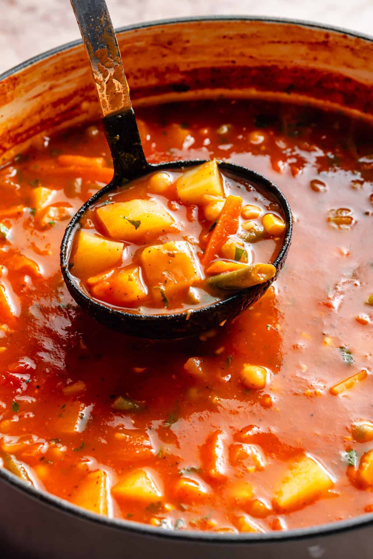 ladle scooping out some easy vegetable soup from a dutch oven full of soup.