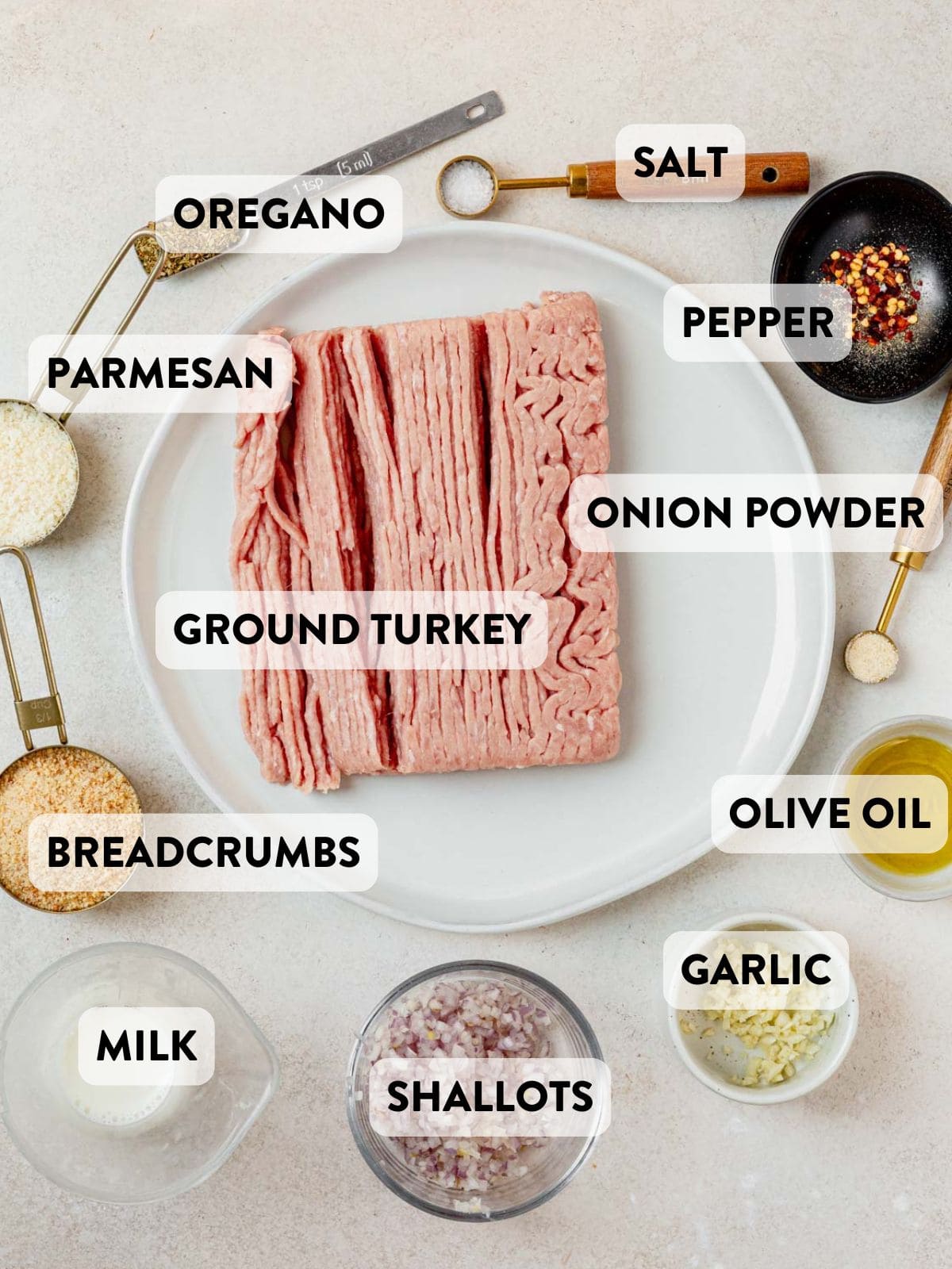 ground turkey, breadcrumbs, milk, spices, shallots, and garlic on a counter.