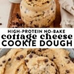 a jar of edible protein cookie dough and then a spoonful of cookie dough in a bowl.