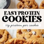 protein cookies on a counter and then a protein cookie broken in half.