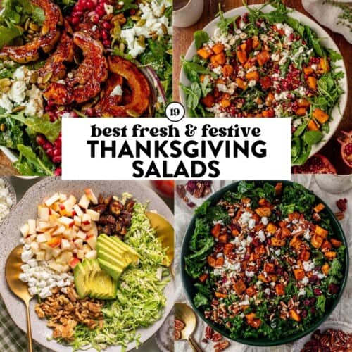 four thanksgiving salad recipes featuring seasonal produce like squash, apples, kale, and brussels sprouts.