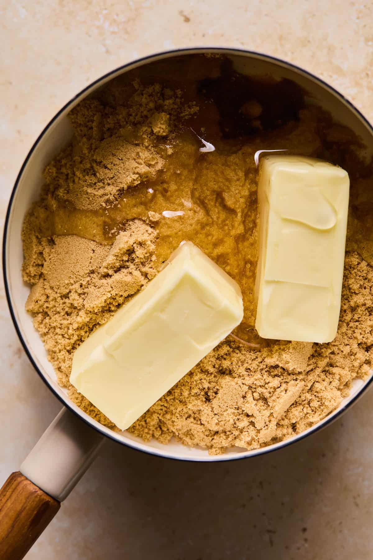 butter, vanilla, brown sugar, and corn syrup added to a sauce pan