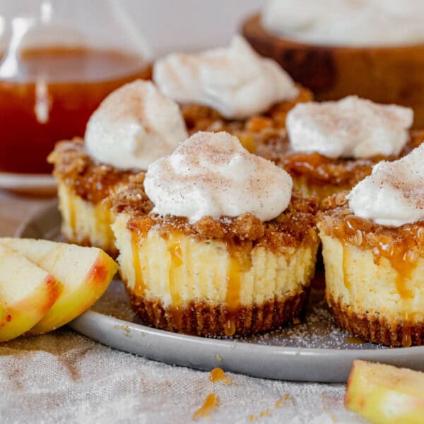 a plate of apple crisp mini cheesecakes topped with caramel and whipped cream.