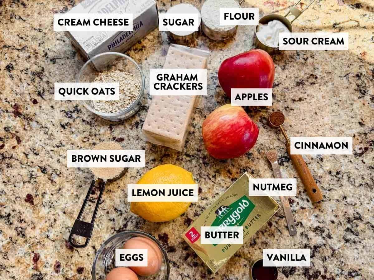 ingredients for apple crisp mini cheesecakes on a counter.