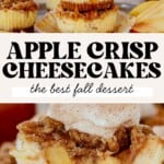 a stack of three apple crisp mini cheesecakes and then a mini cheesecake cut in half.