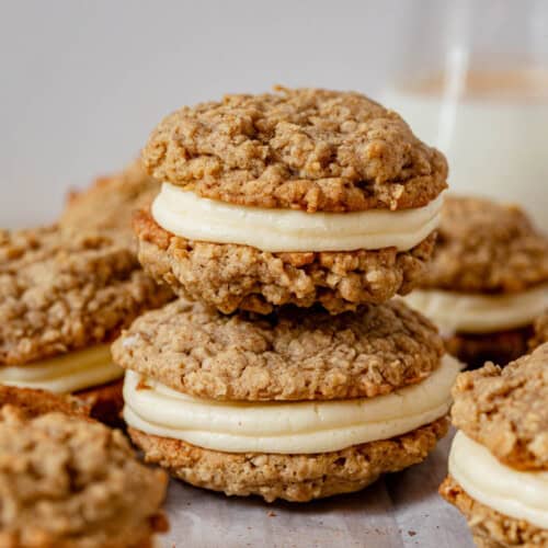 two chai oatmeal cream pies stacked with eggnog frosting.