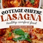 a dish of cottage cheese vegetable lasagna and then a piece missing from the dish.