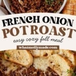 a bowl of french onion pot roast and then shredded french onion pot roast in the crock pot.