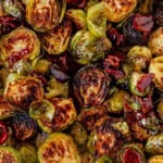 crispy maple bacon brussel sprouts on a sheet pan.