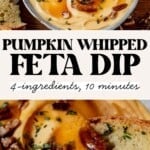 a bowl of pumpkin whipped feta and then scooping crusty bread into pumpkin whipped feta dip.