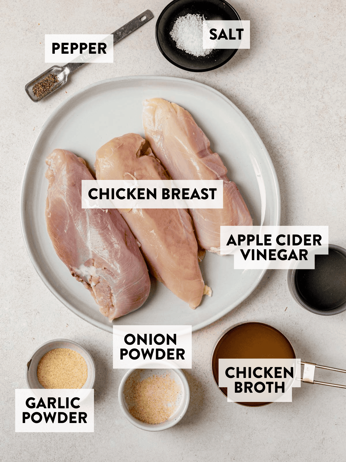 chicken breast, broth, apple cider vinegar, and seasoning on a counter.