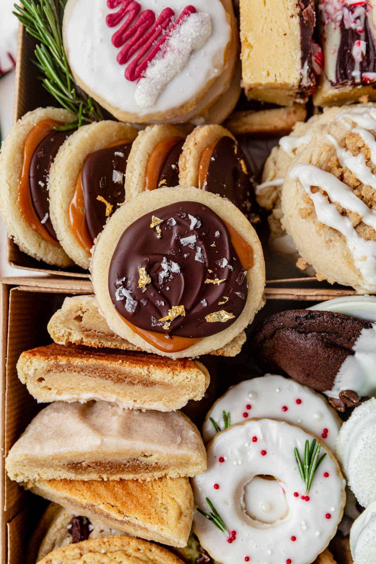 an assortment of christmas cookies in a cookie box.