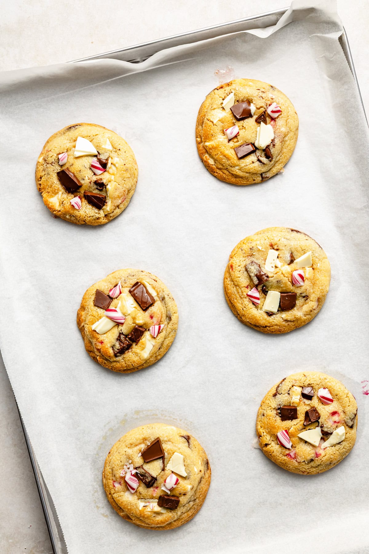 baked peppermint chocolate chip cookies cooling on a sheet pan.
