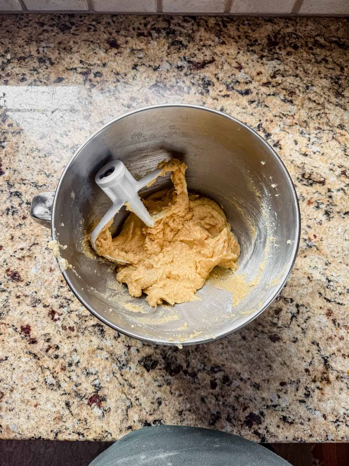 wet ingredients for oatmeal cream pie cookies in a mixing bowl.