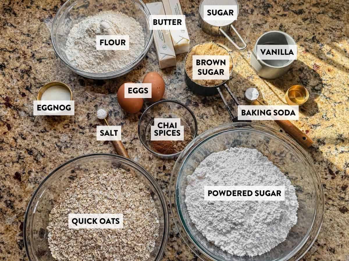 ingredients for chai oatmeal cream pie cookie on a counter.