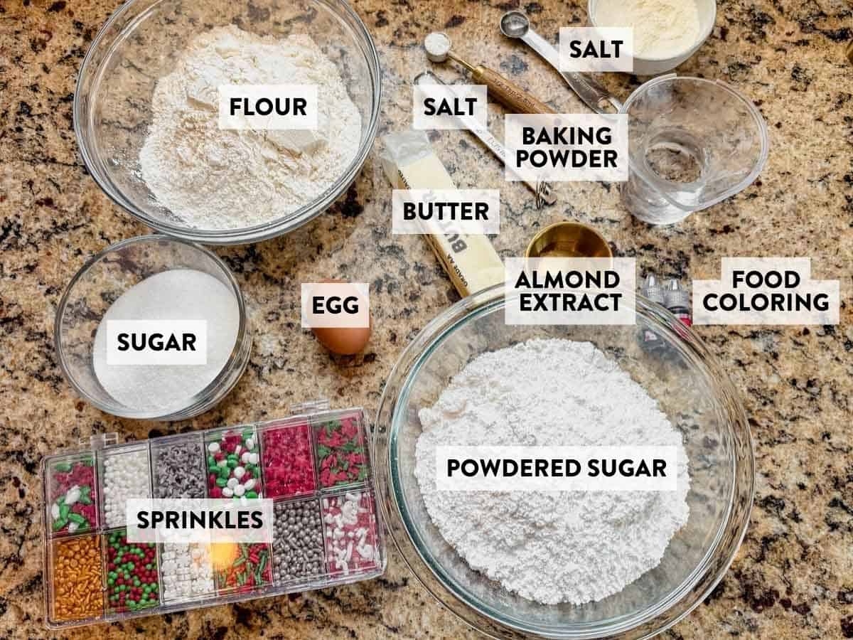 sugar cookie ingredients on a counter.