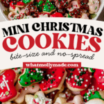 a bowl of mini christmas cookies and then a close up of mini cookies in a jar.