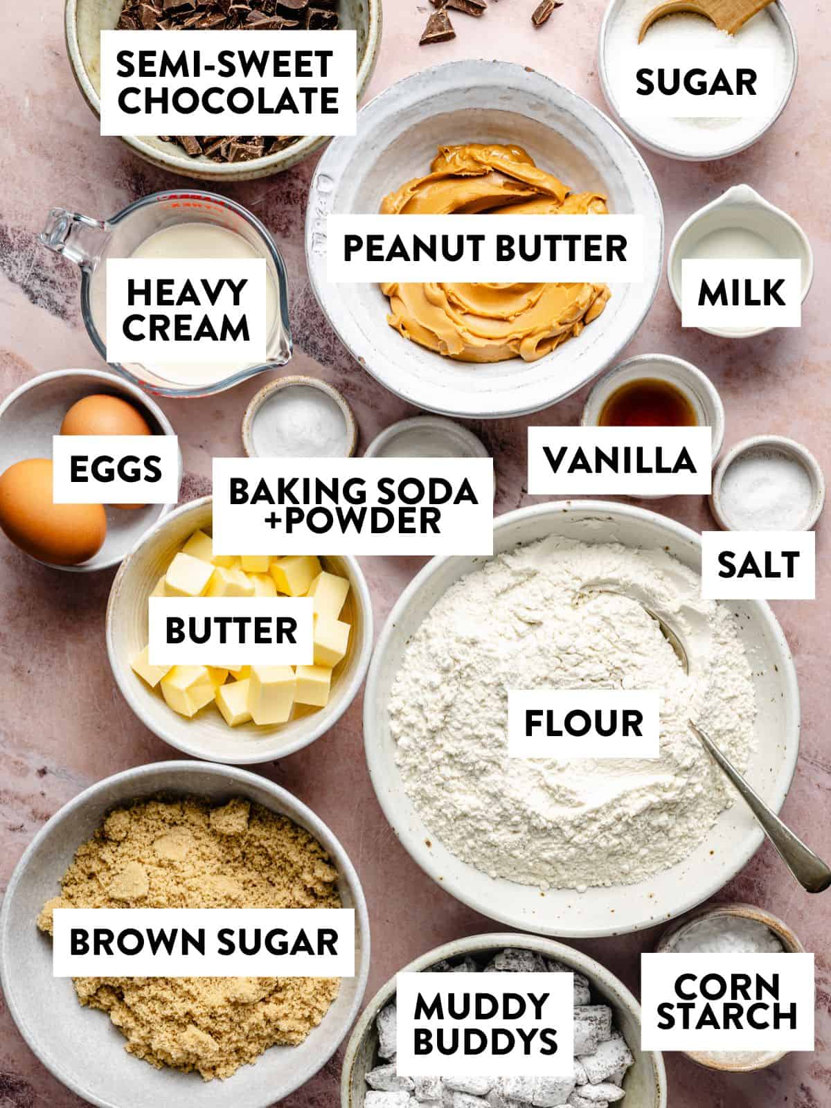 ingredients for muddy buddy cookies on a counter.