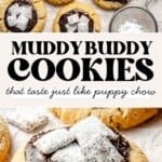 a batch of muddy buddy cookies on a counter and then a close up of a bite taken from a puppy show cookie.