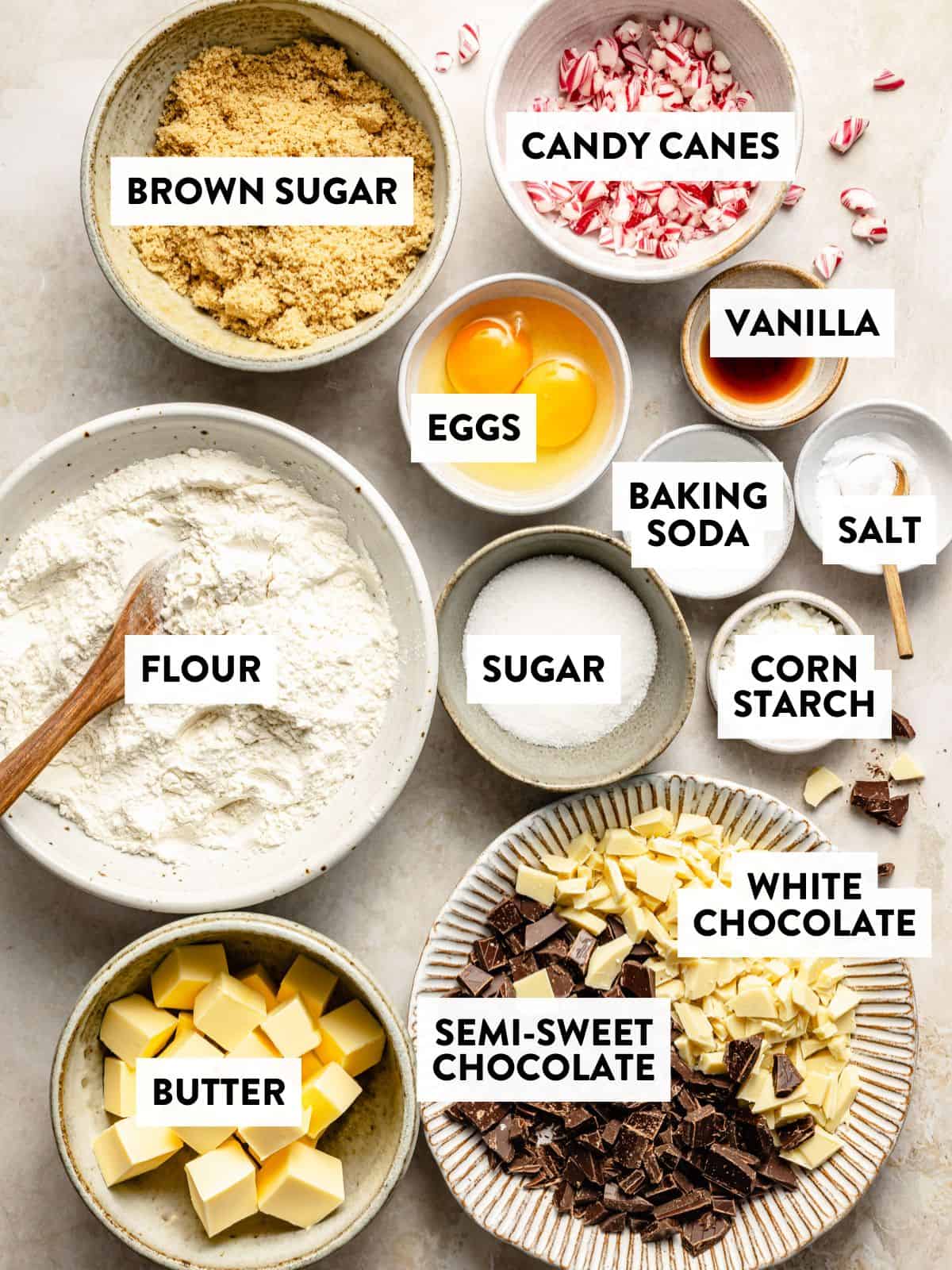 ingredients for chocolate chip peppermint cookies on a counter.