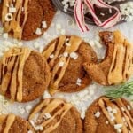 soft gingerbread latte cookies on a counter with a bite missing from one.