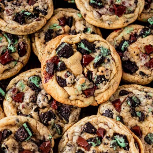 a batch of mint oreo cookies on a cookie tray.