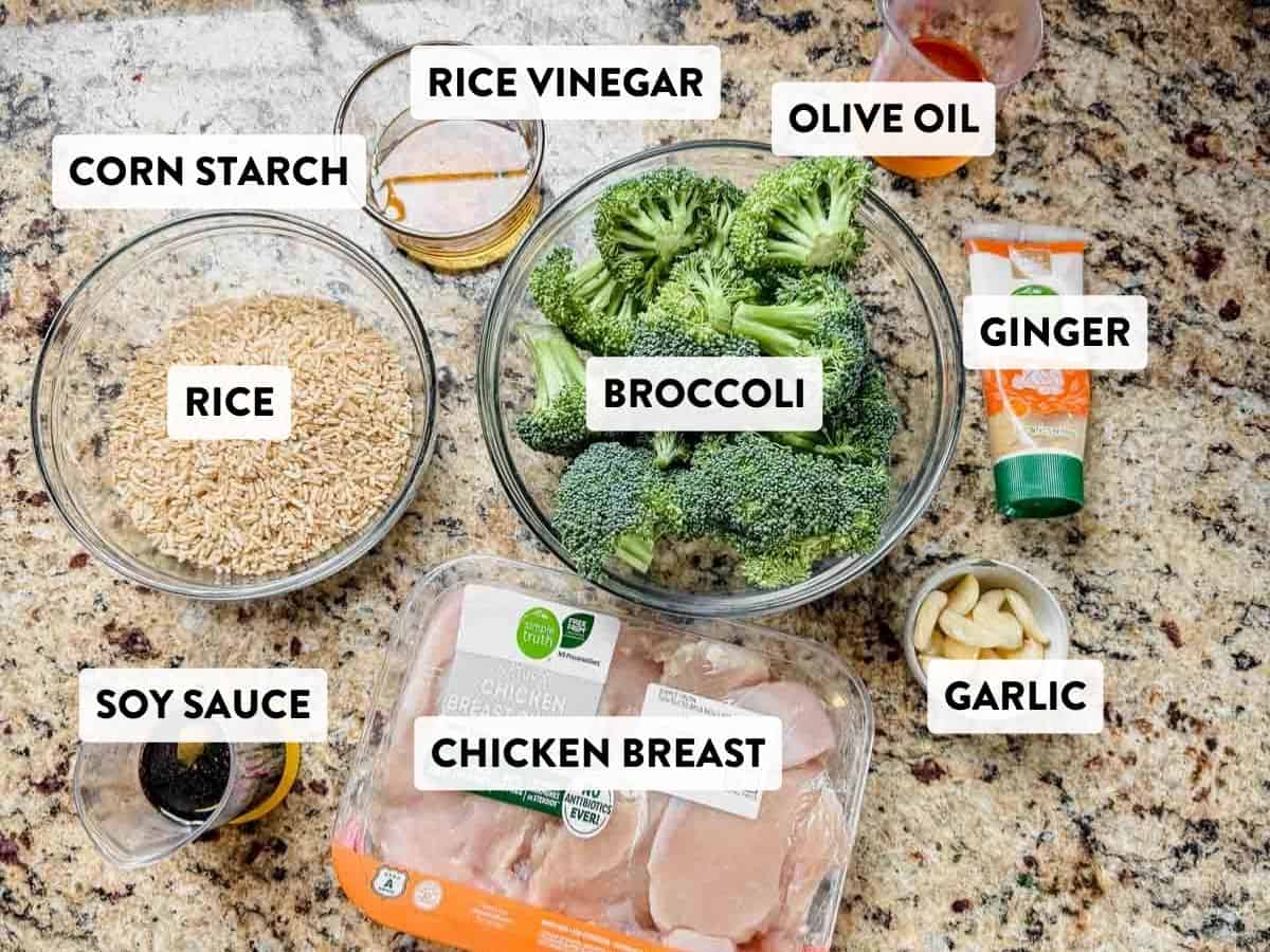 ingredients for honey garlic chicken bowls on a counter.