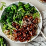 honey garlic chicken bowls with rice and broccoli.