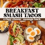 a crispy breakfast smash taco with avocado and then a batch of smash tacos on a serving board.